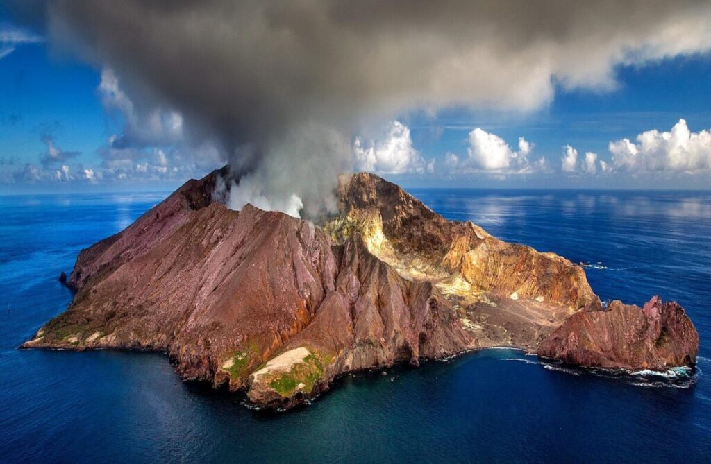 new zealand, volcano, crater, white island, island, active, smoke, ash, aerial view, north island, sea, bay of plenty, volcanism, whakaari, nature, zealand
