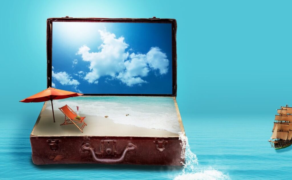 Qué empacar para un viaje al Caribe fantasy, to travel, travel, nature, vacations, suitcase, sea, beach, luggage, dreams, holiday plans, travel plans, surreal, imagination, image montage