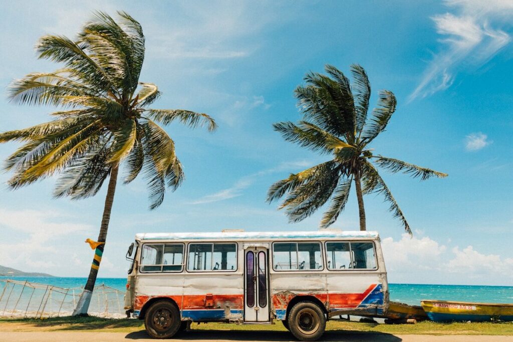 Excursiones de naturaleza en Jamaica: guía completa 2026 white and blue bus near palm tree under blue sky during daytime